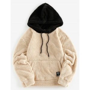 ZAFUL Kangaroo Pocket Fluffy Faux Fur Hoodie Tan